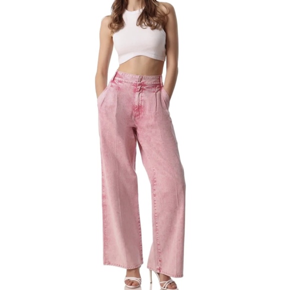 NWT Avec Les Filles Pink Acid Wash Wide Leg Pleated Denim Trouser 28 - Picture 6 of 14